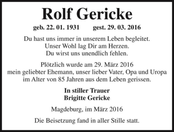 Traueranzeige von Rolf Gericke  von Magdeburger Volksstimme