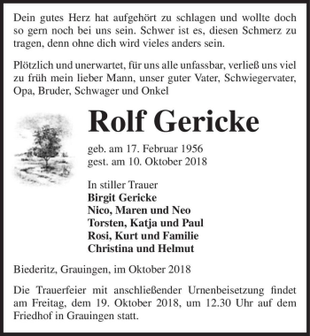 Traueranzeige von Rolf Gericke  von Magdeburger Volksstimme