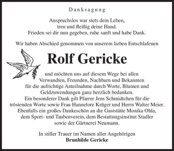 Traueranzeige von Rolf Gericke  von Magdeburger Volksstimme