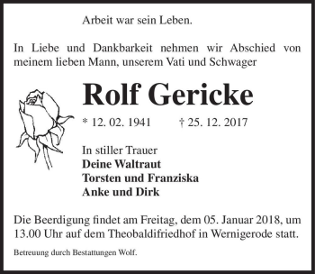 Traueranzeige von Rolf Gericke  von Magdeburger Volksstimme