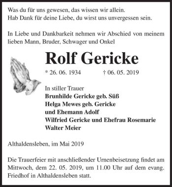 Traueranzeige von Rolf Gericke  von Magdeburger Volksstimme