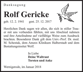 Traueranzeige von Rolf Gericke  von Magdeburger Volksstimme