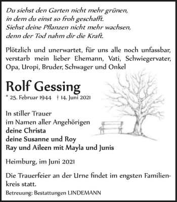 Traueranzeige von Rolf Gessing  von Magdeburger Volksstimme