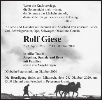 Traueranzeige von Rolf Giese  von Magdeburger Volksstimme