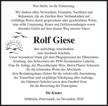 Traueranzeige von Rolf Giese  von Magdeburger Volksstimme