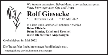 Traueranzeige von Rolf Giesecke  von Magdeburger Volksstimme