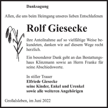 Traueranzeige von Rolf Giesecke  von Magdeburger Volksstimme