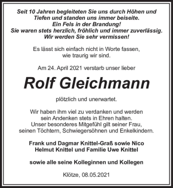 Traueranzeige von Rolf Gleichmann  von Magdeburger Volksstimme