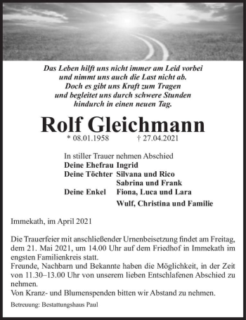 Traueranzeige von Rolf Gleichmann  von Magdeburger Volksstimme
