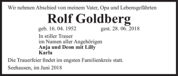 Traueranzeige von Rolf Goldberg  von Magdeburger Volksstimme