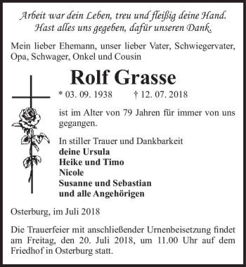 Traueranzeige von Rolf Grasse  von Magdeburger Volksstimme