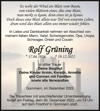 Traueranzeige von Rolf Grüning  von Magdeburger Volksstimme