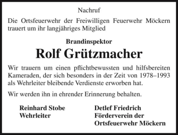Traueranzeige von Rolf Grützmacher  von Magdeburger Volksstimme