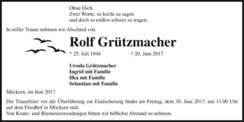 Traueranzeige von Rolf Grützmacher  von Magdeburger Volksstimme