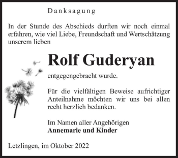 Traueranzeige von Rolf Guderyan  von Magdeburger Volksstimme