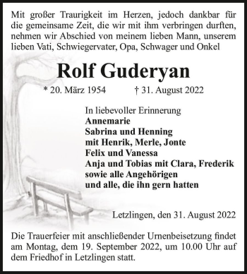Traueranzeige von Rolf Guderyan  von Magdeburger Volksstimme