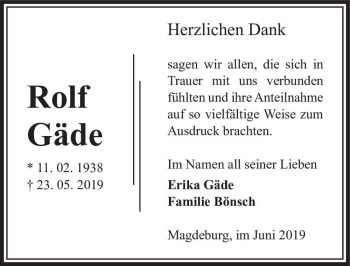 Traueranzeige von Rolf Gäde  von Magdeburger Volksstimme