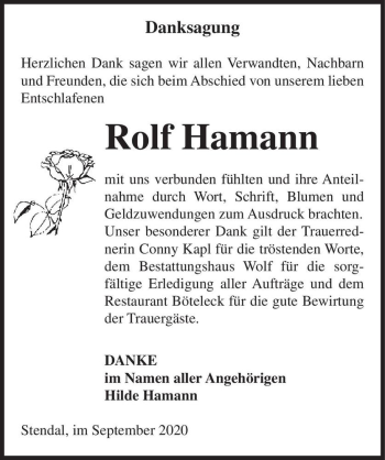 Traueranzeige von Rolf Hamann  von Magdeburger Volksstimme