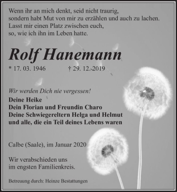Traueranzeige von Rolf Hanemann  von Magdeburger Volksstimme