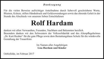 Traueranzeige von Rolf Hardam  von Magdeburger Volksstimme