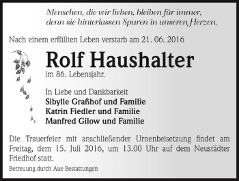 Traueranzeige von Rolf Haushalter  von Magdeburger Volksstimme