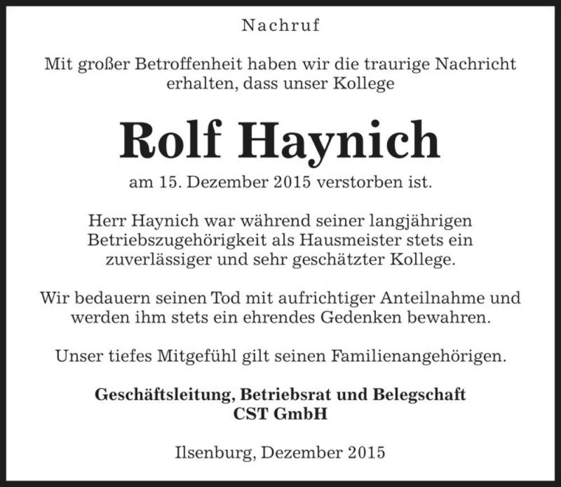  Traueranzeige für Rolf Haynich  vom 22.12.2015 aus Magdeburger Volksstimme