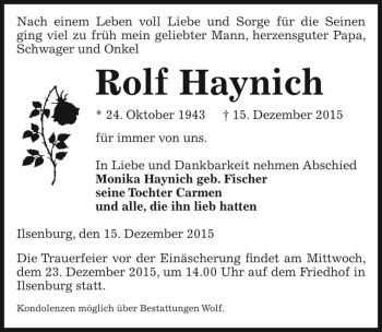 Traueranzeige von Rolf Haynich  von Magdeburger Volksstimme