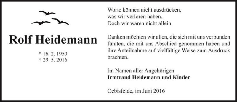  Traueranzeige für Rolf Heidemann  vom 18.06.2016 aus Magdeburger Volksstimme