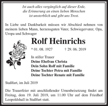 Traueranzeige von Rolf Heinrichs  von Magdeburger Volksstimme