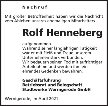 Traueranzeige von Rolf Henneberg  von Magdeburger Volksstimme