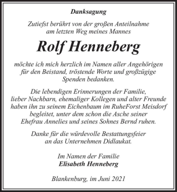 Traueranzeige von Rolf Henneberg  von Magdeburger Volksstimme