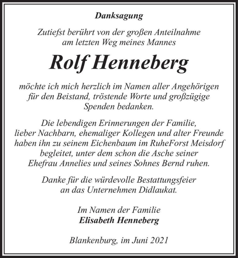  Traueranzeige für Rolf Henneberg  vom 29.05.2021 aus Magdeburger Volksstimme