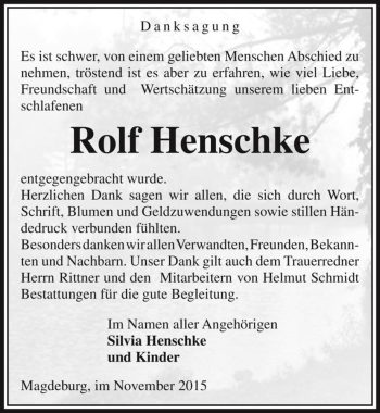 Traueranzeige von Rolf Henschke  von Magdeburger Volksstimme