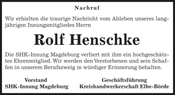 Traueranzeige von Rolf Henschke  von Magdeburger Volksstimme
