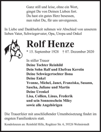 Traueranzeige von Rolf Henze  von Magdeburger Volksstimme
