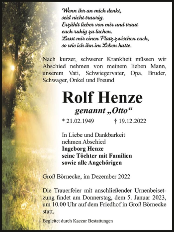 Traueranzeige von Rolf Henze Genannt “Otto“  von Magdeburger Volksstimme