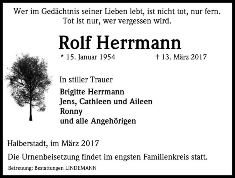  Traueranzeige für Rolf Herrmann  vom 18.03.2017 aus Magdeburger Volksstimme