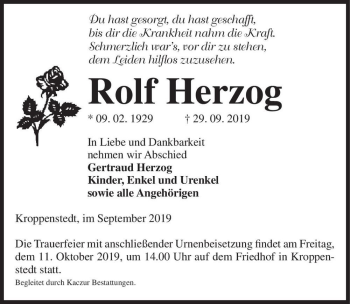 Traueranzeige von Rolf Herzog  von Magdeburger Volksstimme