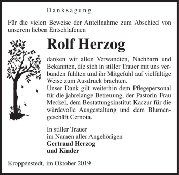 Traueranzeige von Rolf Herzog  von Magdeburger Volksstimme