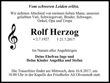 Traueranzeige von Rolf Herzog  von Magdeburger Volksstimme