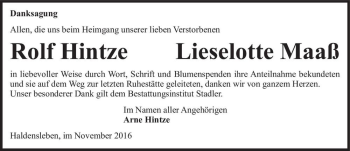 Traueranzeige von Rolf Hintze und Lieselotte Maaß  von Magdeburger Volksstimme