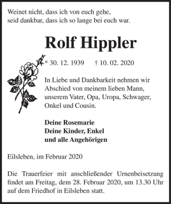 Traueranzeige von Rolf Hippler  von Magdeburger Volksstimme