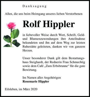 Traueranzeige von Rolf Hippler  von Magdeburger Volksstimme