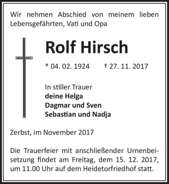 Traueranzeige von Rolf Hirsch  von Magdeburger Volksstimme