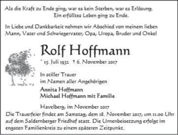 Traueranzeige von Rolf Hoffmann  von Magdeburger Volksstimme