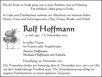 Traueranzeige von Rolf Hoffmann  von Magdeburger Volksstimme