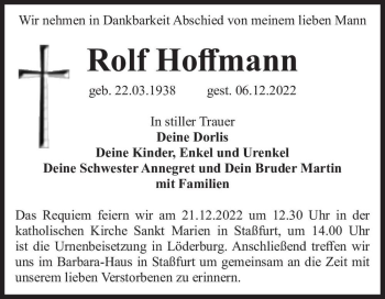 Traueranzeige von Rolf Hoffmann  von Magdeburger Volksstimme