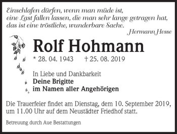 Traueranzeige von Rolf Hohmann  von Magdeburger Volksstimme