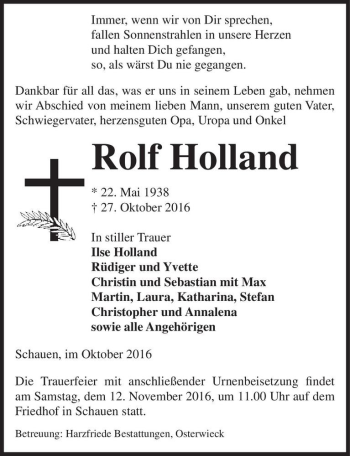 Traueranzeige von Rolf Holland  von Magdeburger Volksstimme