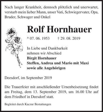 Traueranzeige von Rolf Hornhauer  von Magdeburger Volksstimme